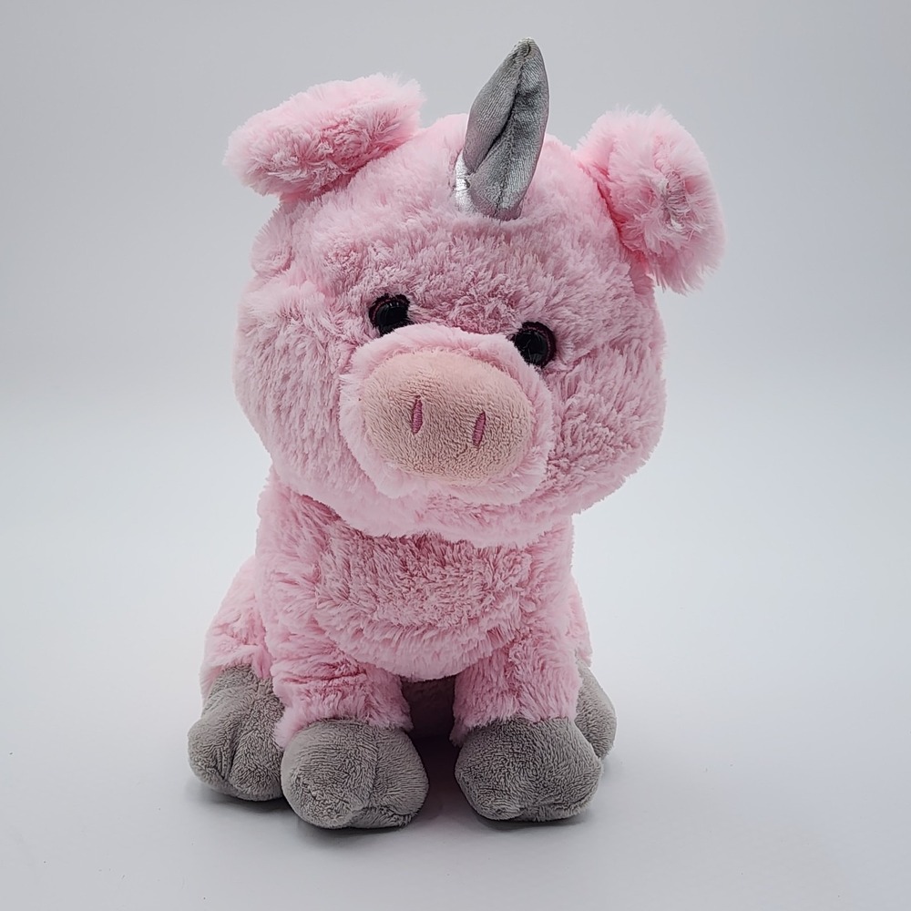 Kellytoy Pink Pig Unicorn Plush Sitting Shiny Silver Horn Stuffed Animal 12.5"